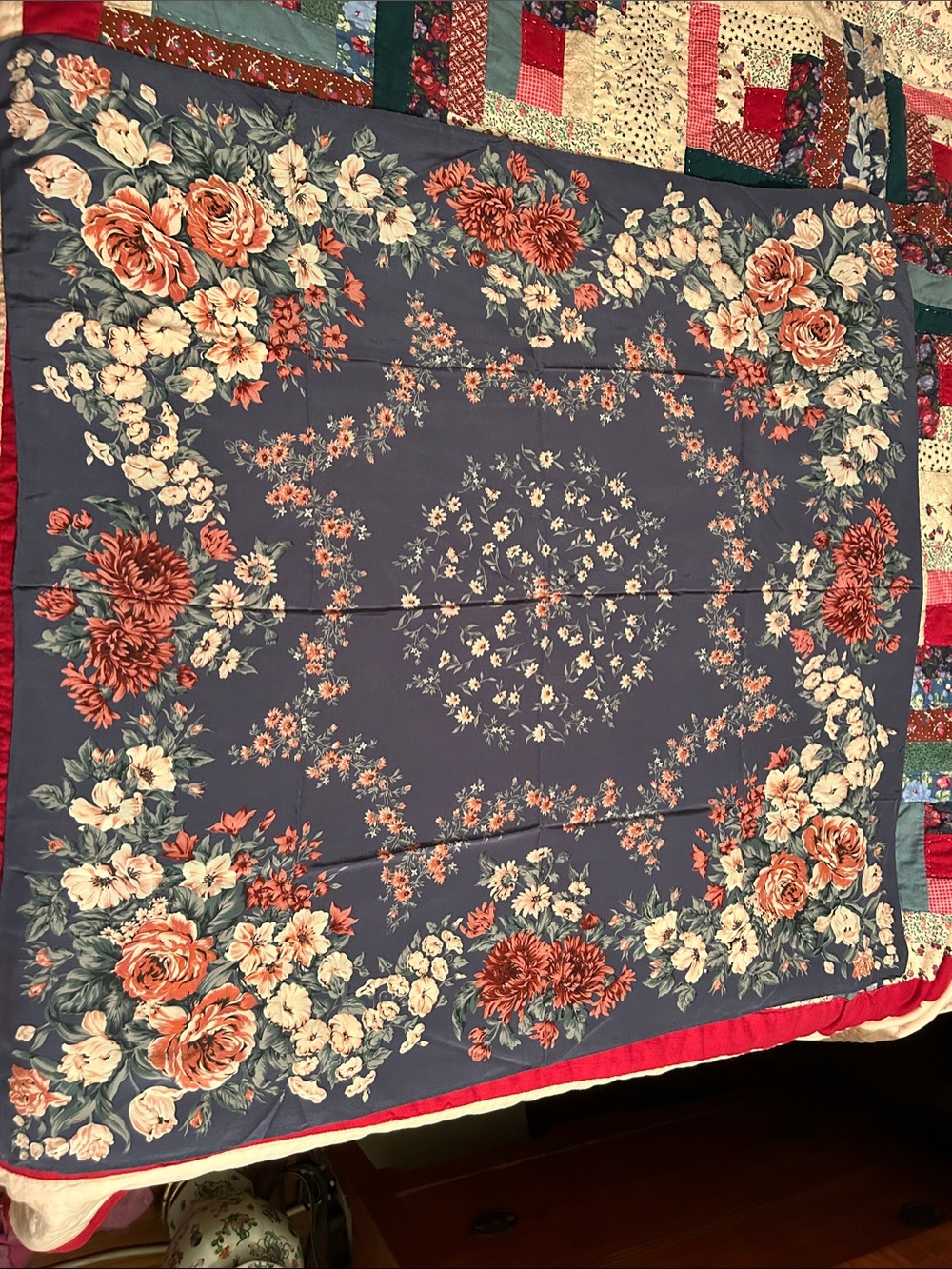 Vintage Laura Ashley Blue Floral Square Scarf w Coral & Cream Roses 32”x32”